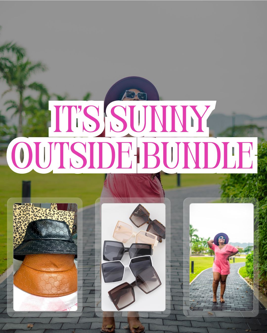 It's Sunny Outside Bundle from Banana Avenue Boutique featuring a stylish romper, trendy bucket hat, and chic sunglasses for the ultimate summer outfit